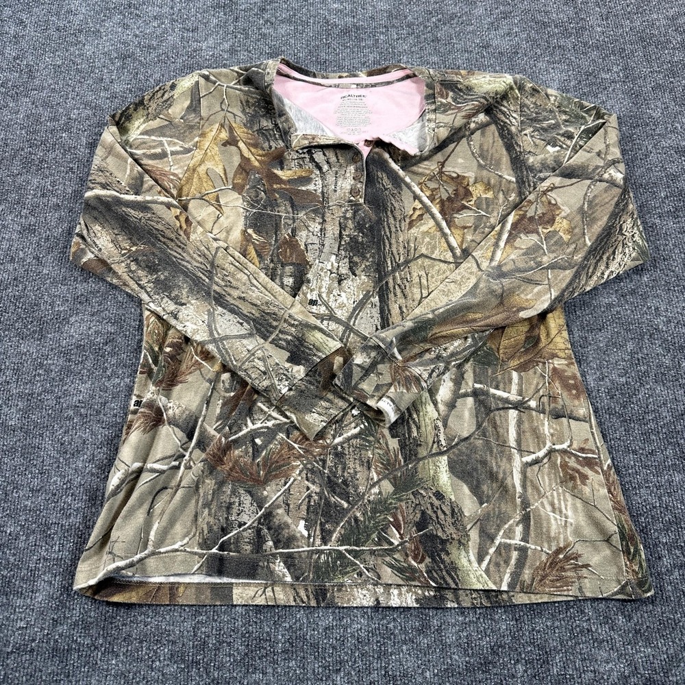 Realtree Henley‎ Shirt Womens XL Brown Camo Good Long Sleeve Hunting Outdoor Tee